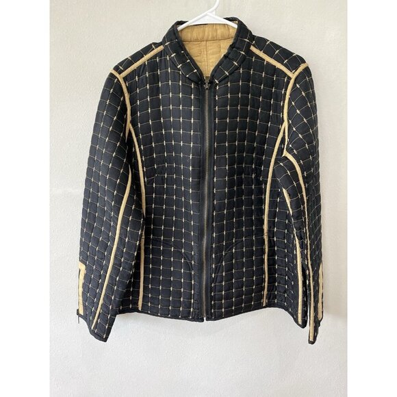 Oleg Cassini Jacket Women’s M 100% Silk Reversible Quilted Lightweight Tan Black - Picture 8 of 11